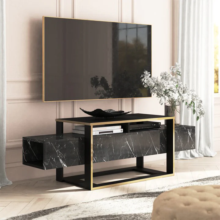 Meuble TV avec 2 niches - Effet marbre noir et doré -LEON – Image 2