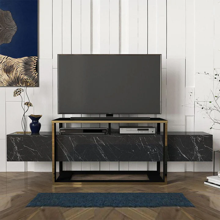 Meuble TV avec 2 niches - Effet marbre noir et doré -LEON – Image 6