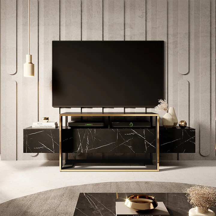 Meuble TV avec 2 niches - Effet marbre noir et doré -LEON – Image 3