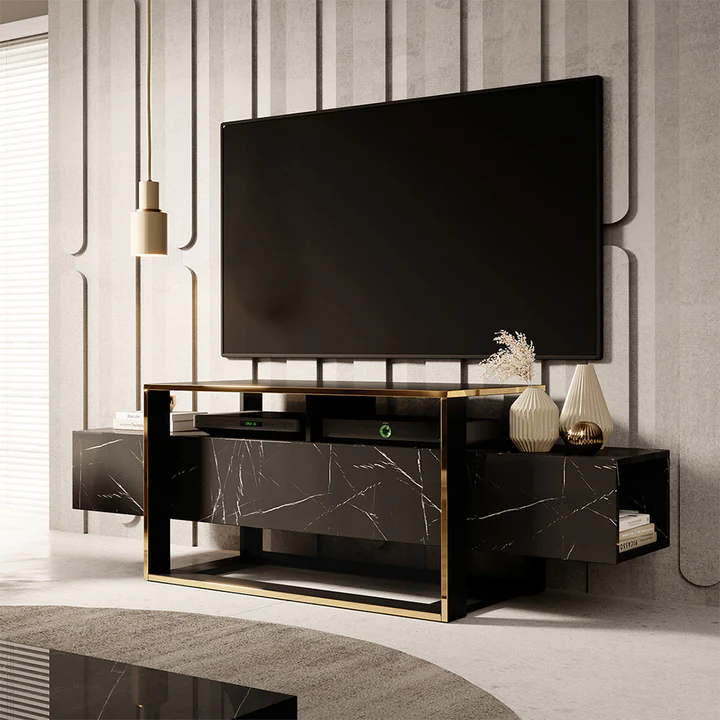 Meuble TV avec 2 niches - Effet marbre noir et doré -LEON – Image 5