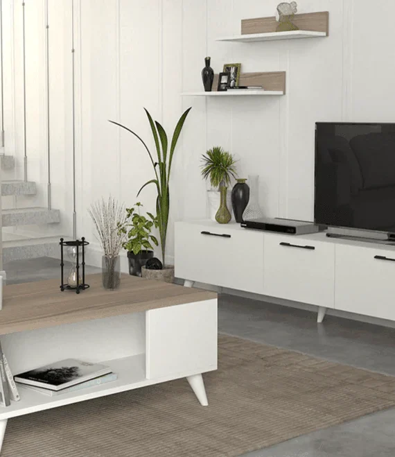 PACK FOCUS - Meuble TV - Table basse - Blanc et Gris Cordoba