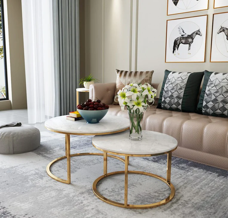 Tables basses gigognes ANGELA - Effet Marbre blanc et métal doré