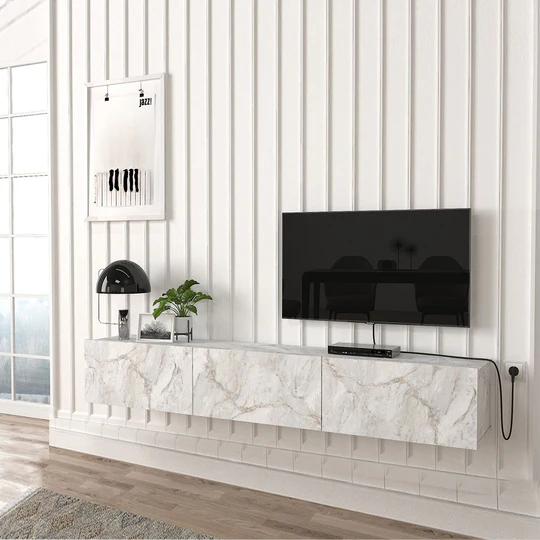 Meuble TV suspendu FOCUS 180 cm à 3 portes - Effet marbre blanc