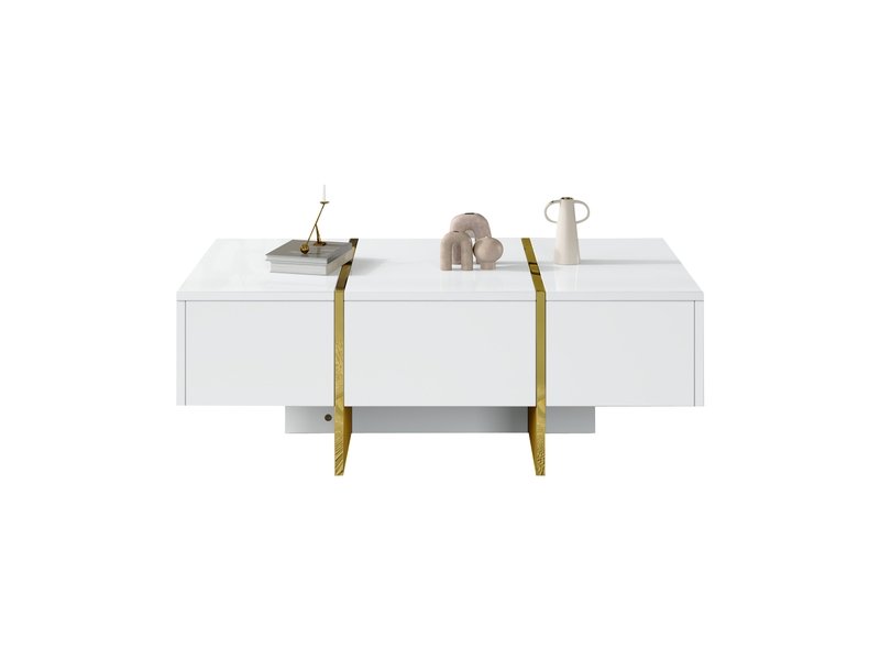 Table basse blanc - Table basse avec 4 tiroirs et plateau brillant - pour le salon – Image 6