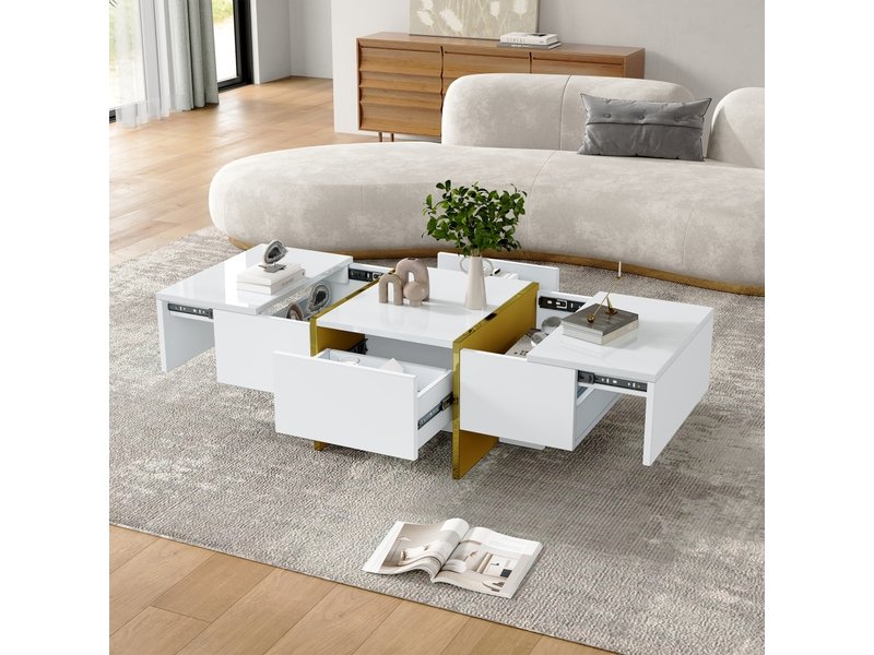 Table basse blanc - Table basse avec 4 tiroirs et plateau brillant - pour le salon – Image 3