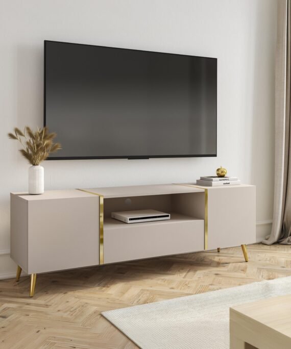 Meuble TV avec 2 portes, 1 tiroir et 1 niche - Beige et Doré - MARZIALO