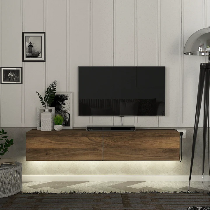 Meuble TV design mural suspendu AZERTY 135 cm - Noyer foncé – Image 2