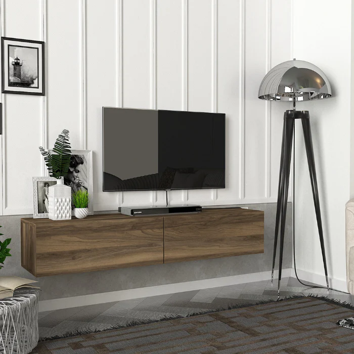 Meuble TV design mural suspendu AZERTY 135 cm - Noyer foncé – Image 4