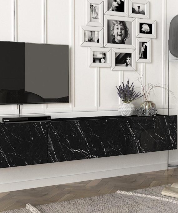 Meuble TV suspendu avec 3 portes - Effet marbre noir - VIKILA
