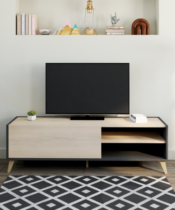 Meuble TV KOLYMA - 1 porte & 2 niches - Coloris : Chêne & Anthracite