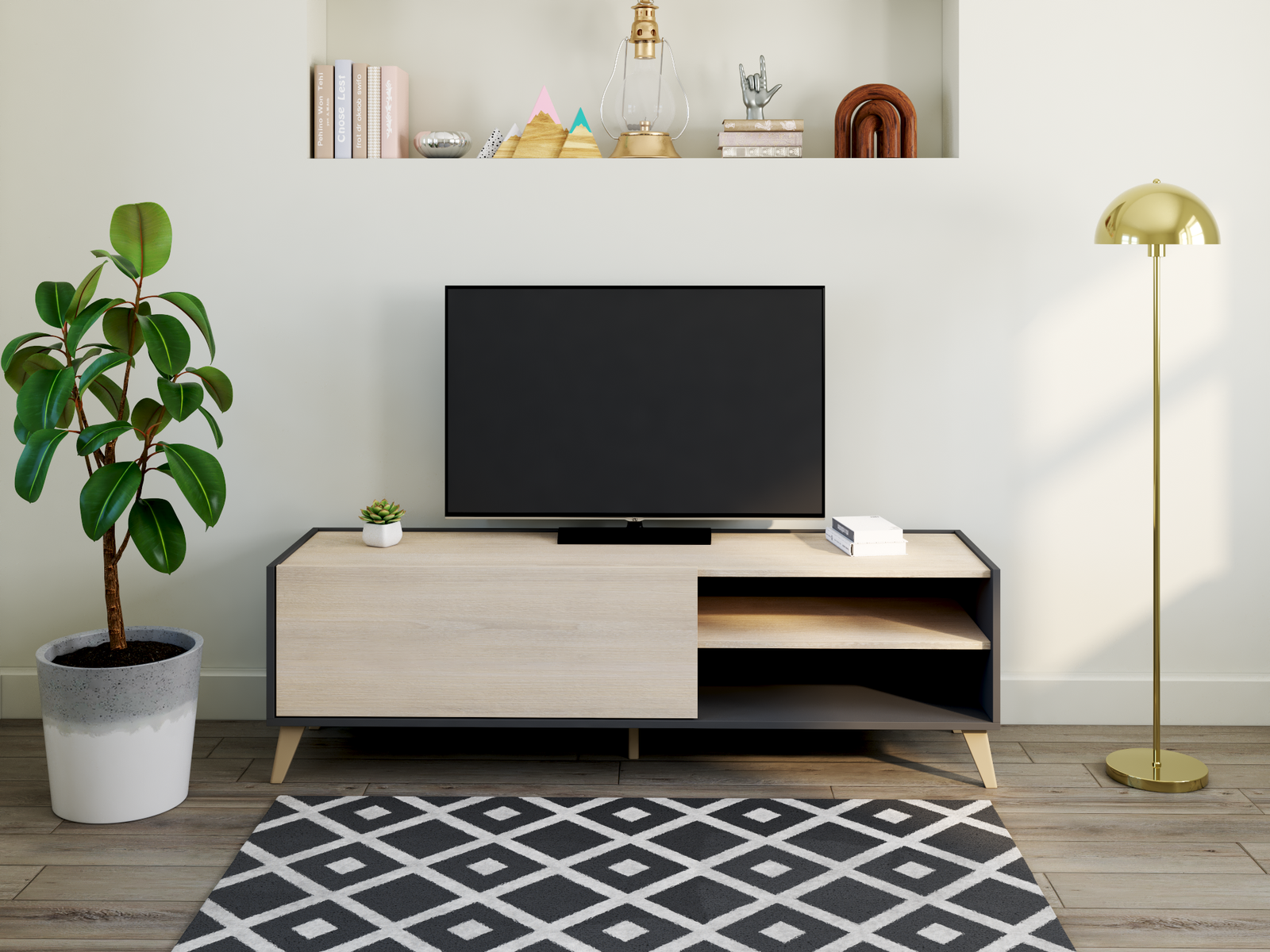 Meuble TV KOLYMA - 1 porte & 2 niches - Coloris : Chêne & Anthracite