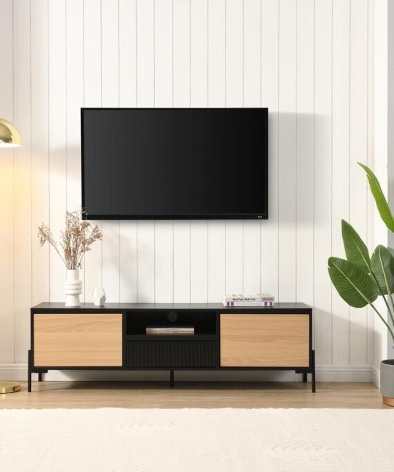 Meuble TV avec 2 portes, 1 tiroir et 1 niche - Noir et naturel clair - GLARODI