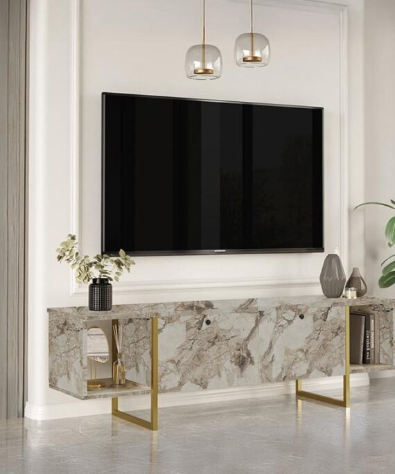 Meuble TV 2 portes et 2 étagères - Effet marbre blanc et Doré - DERANA