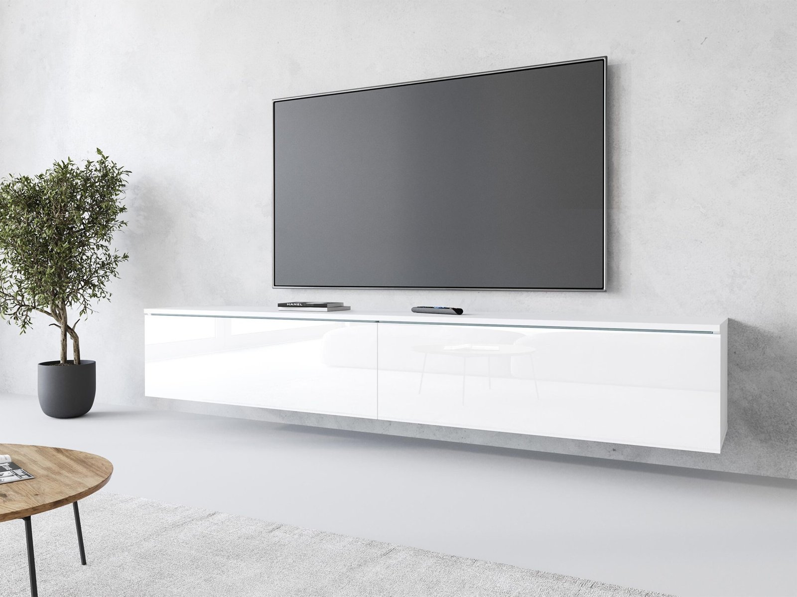 Meuble TV ASUZ moderne 180 cm pour salon – 2 portes, sans poignées, mat