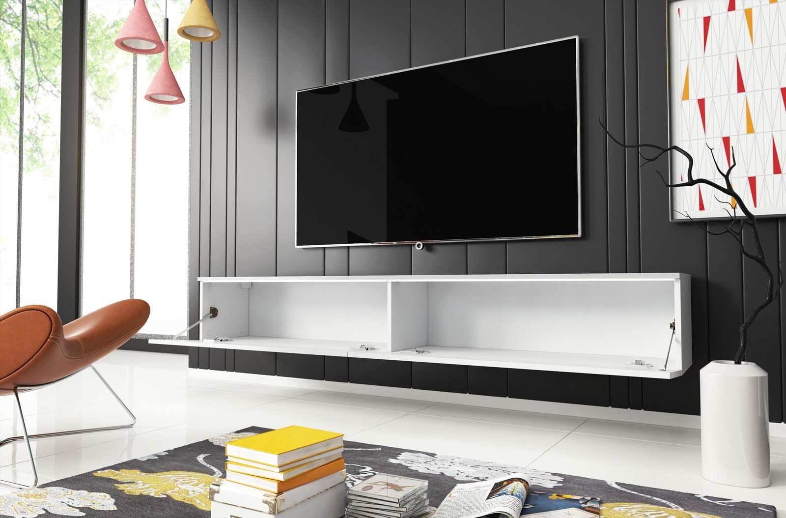 Meuble TV ASUZ moderne 180 cm pour salon – 2 portes, sans poignées, mat – Image 2