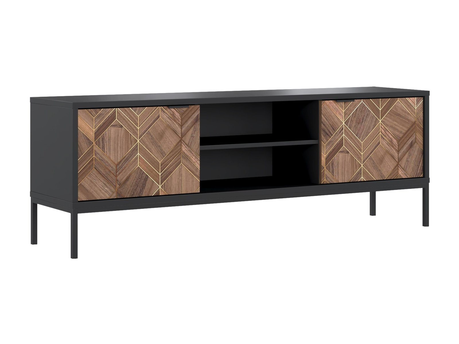 Meuble TV avec 2 portes et 2 niches - Noir et Naturel foncé - MIALINE – Image 3