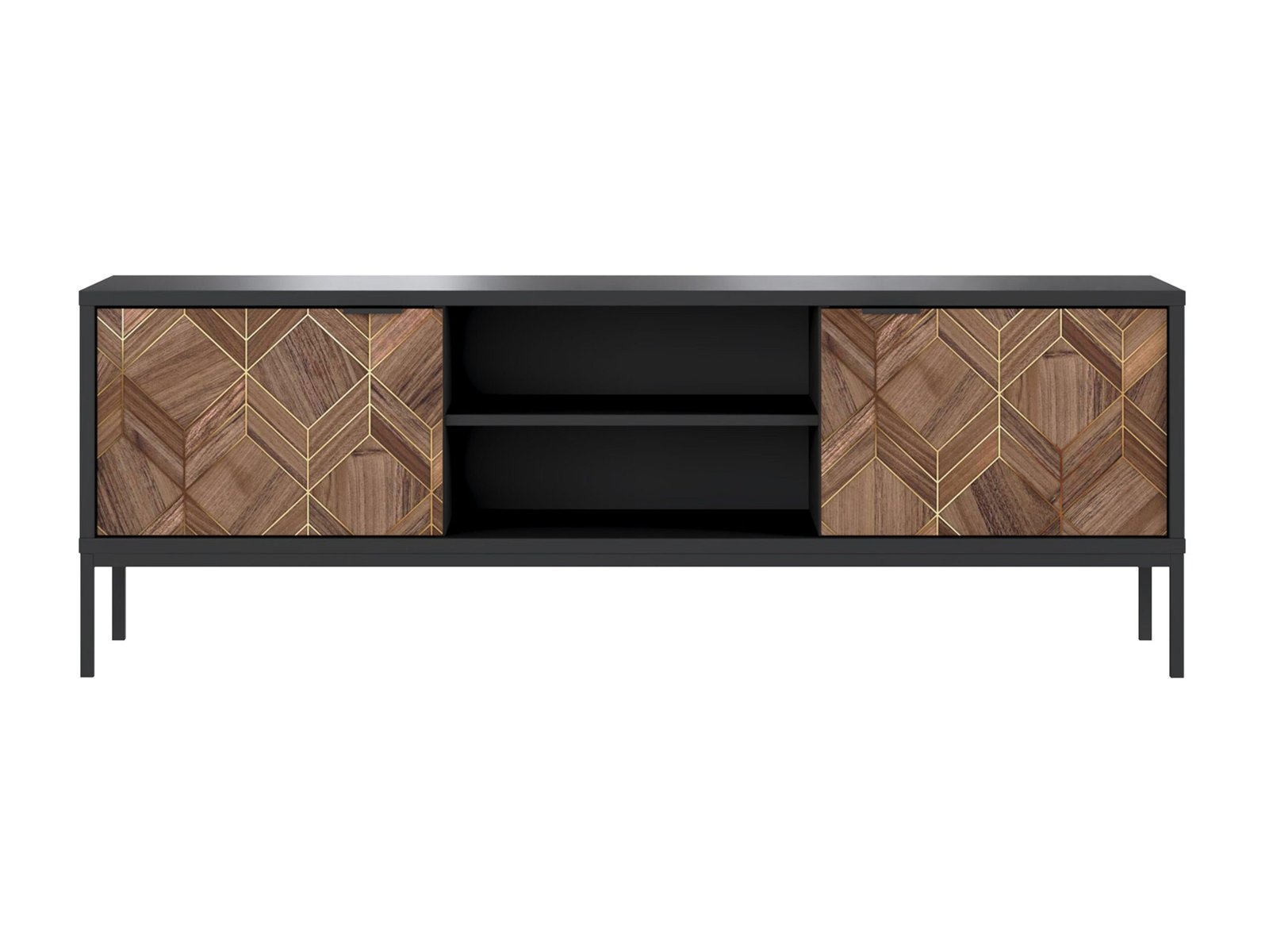 Meuble TV avec 2 portes et 2 niches - Noir et Naturel foncé - MIALINE – Image 4