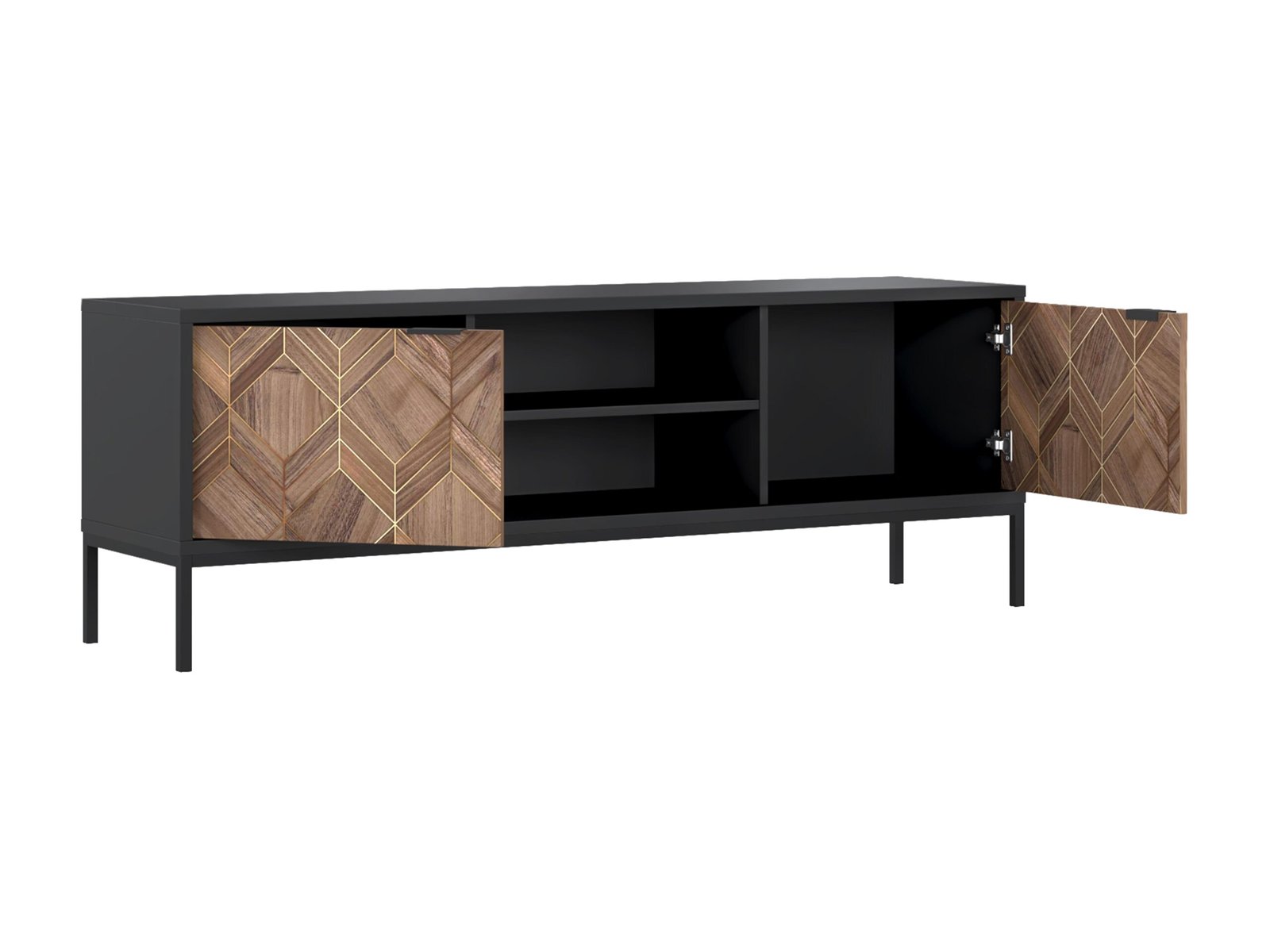 Meuble TV avec 2 portes et 2 niches - Noir et Naturel foncé - MIALINE – Image 6