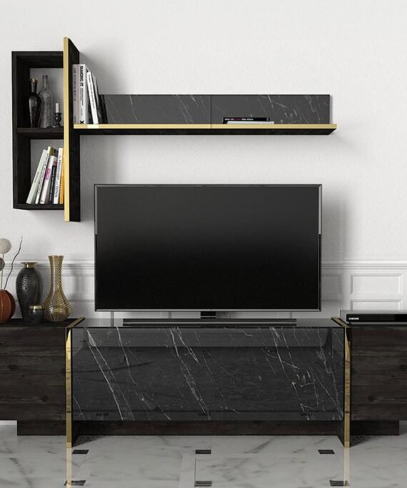 Ensemble TV avec rangements - Effet marbre noir, naturel foncé et doré - CADEBA II