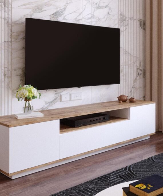 Meuble TV avec 3 portes et 1 niche - Blanc et naturel - LOTULA