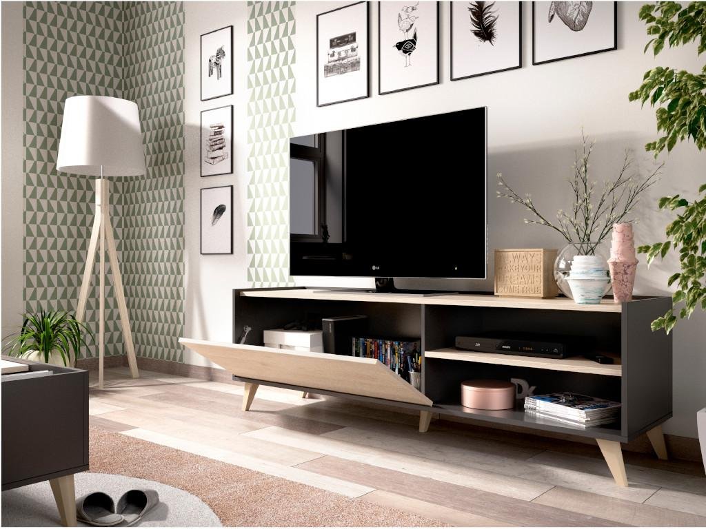 Meuble TV KOLYMA - 1 porte & 2 niches - Coloris : Chêne & Anthracite – Image 2