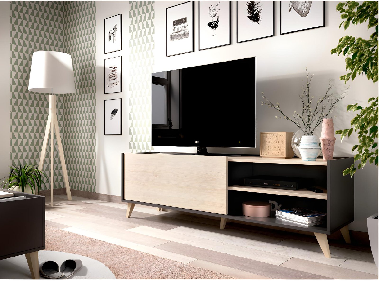 Meuble TV KOLYMA - 1 porte & 2 niches - Coloris : Chêne & Anthracite – Image 5