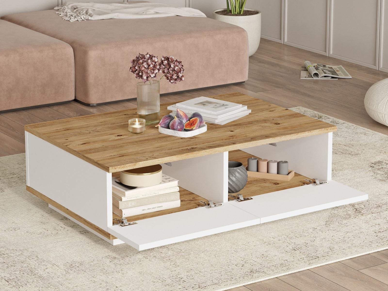 Table basse avec 2 portes - Naturel et Blanc - LOTULA – Image 2