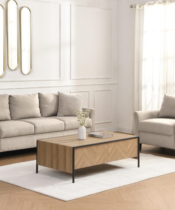 Table basse avec 2 tiroirs en MDF et acier - Naturel clair et Noir - TUMACO