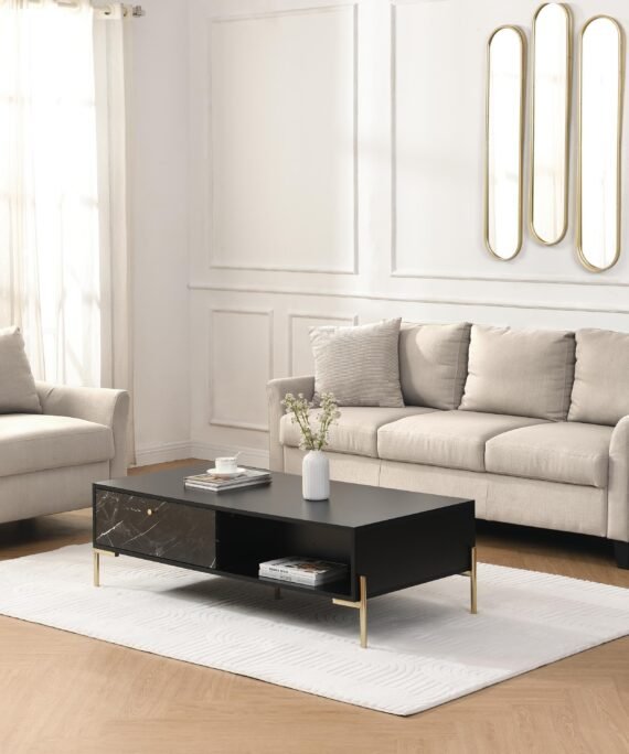 Table basse avec 2 tiroirs et 2 niches en MDF et métal - Effet marbre noir et Doré -PICANTO