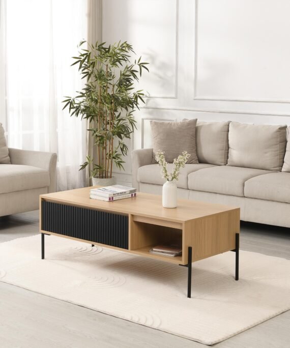 Table basse avec 1 tiroir et 2 niches - Noir et Naturel clair - GLARODI