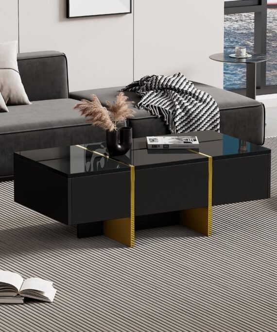 Table basse noir - Table basse avec 4 tiroirs et plateau brillant - pour le salon