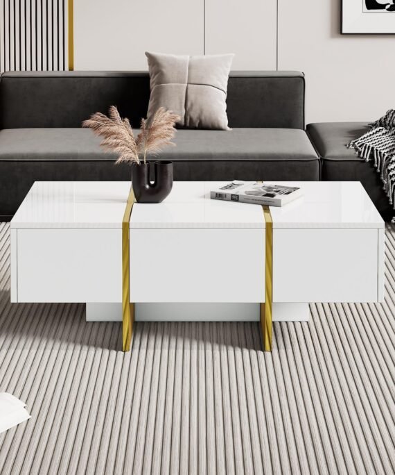 Table basse blanc - Table basse avec 4 tiroirs et plateau brillant - pour le salon