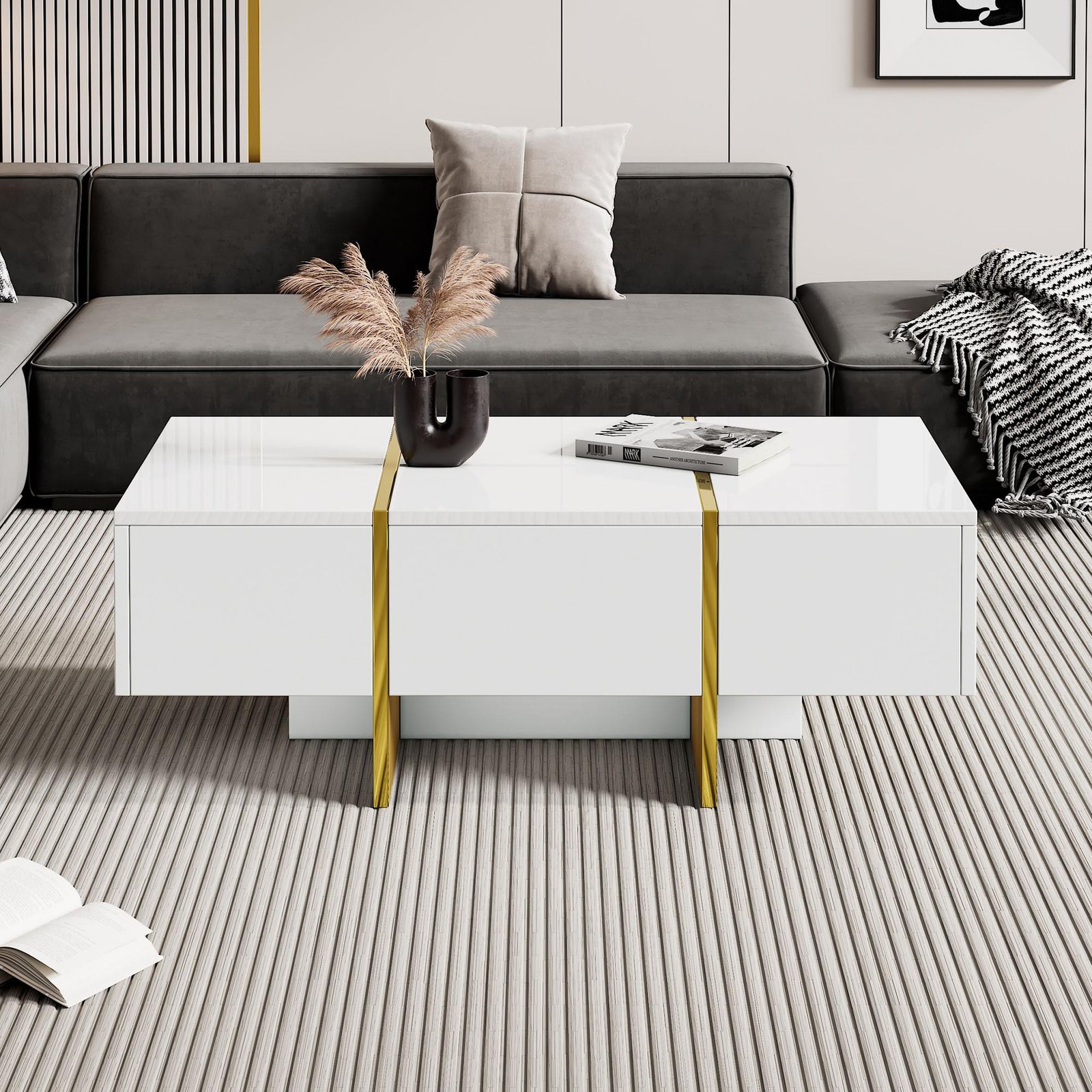 Table basse blanc - Table basse avec 4 tiroirs et plateau brillant - pour le salon