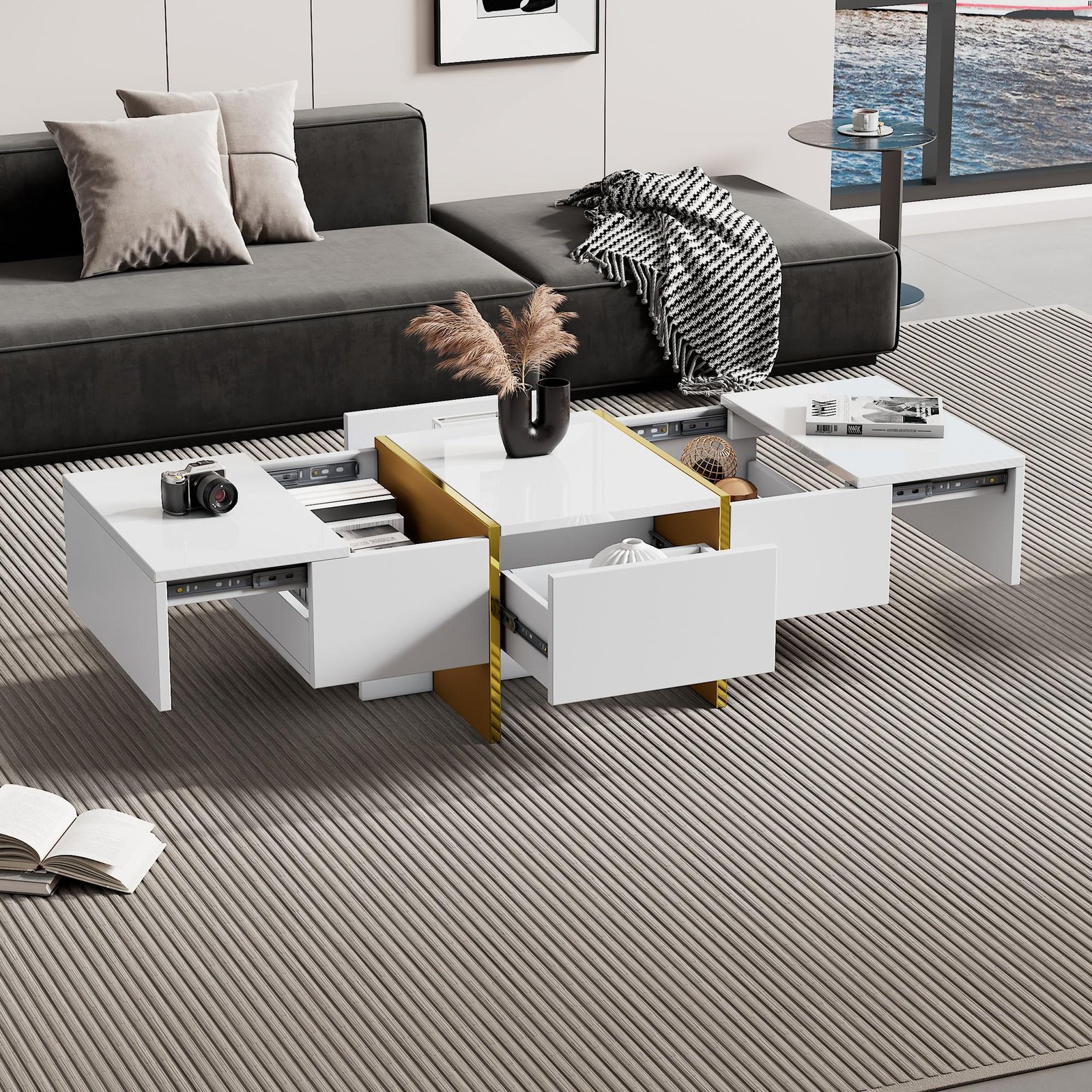 Table basse blanc - Table basse avec 4 tiroirs et plateau brillant - pour le salon – Image 5