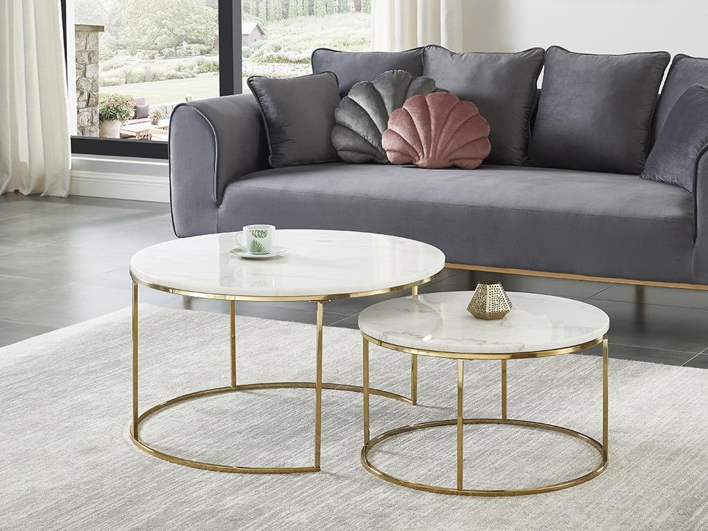 Tables basses gigognes ANGELA - Effet Marbre blanc et métal doré – Image 2