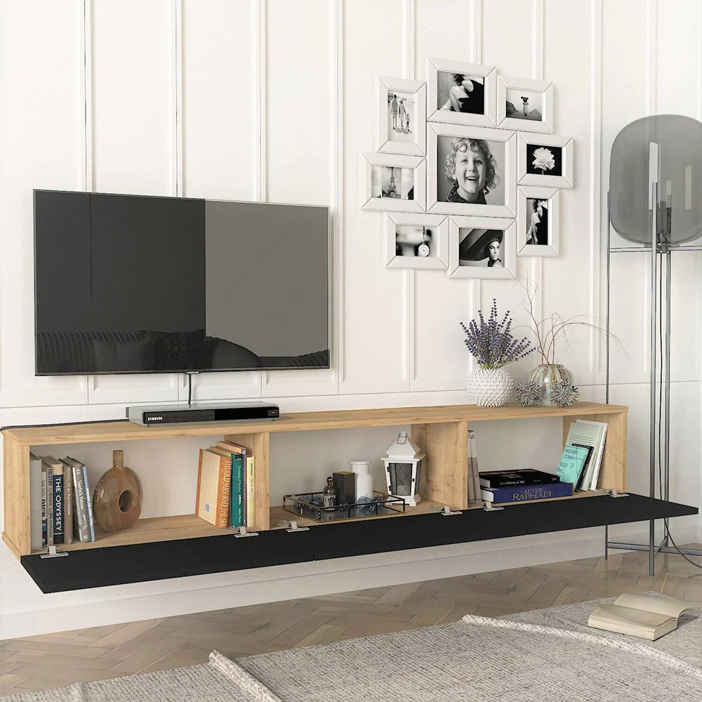 Meuble TV design suspendu CUPA 180 cm - Chêne et noir – Image 5