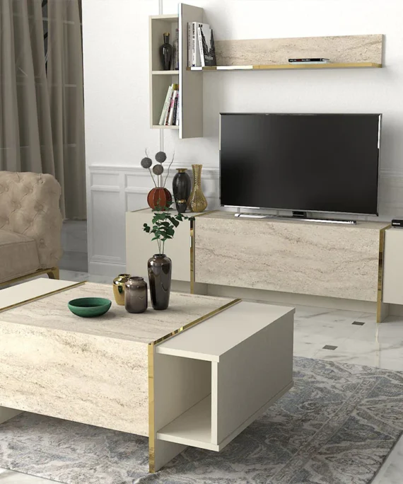 Ensemble Meuble TV & Table basse Travertin CHUPPI