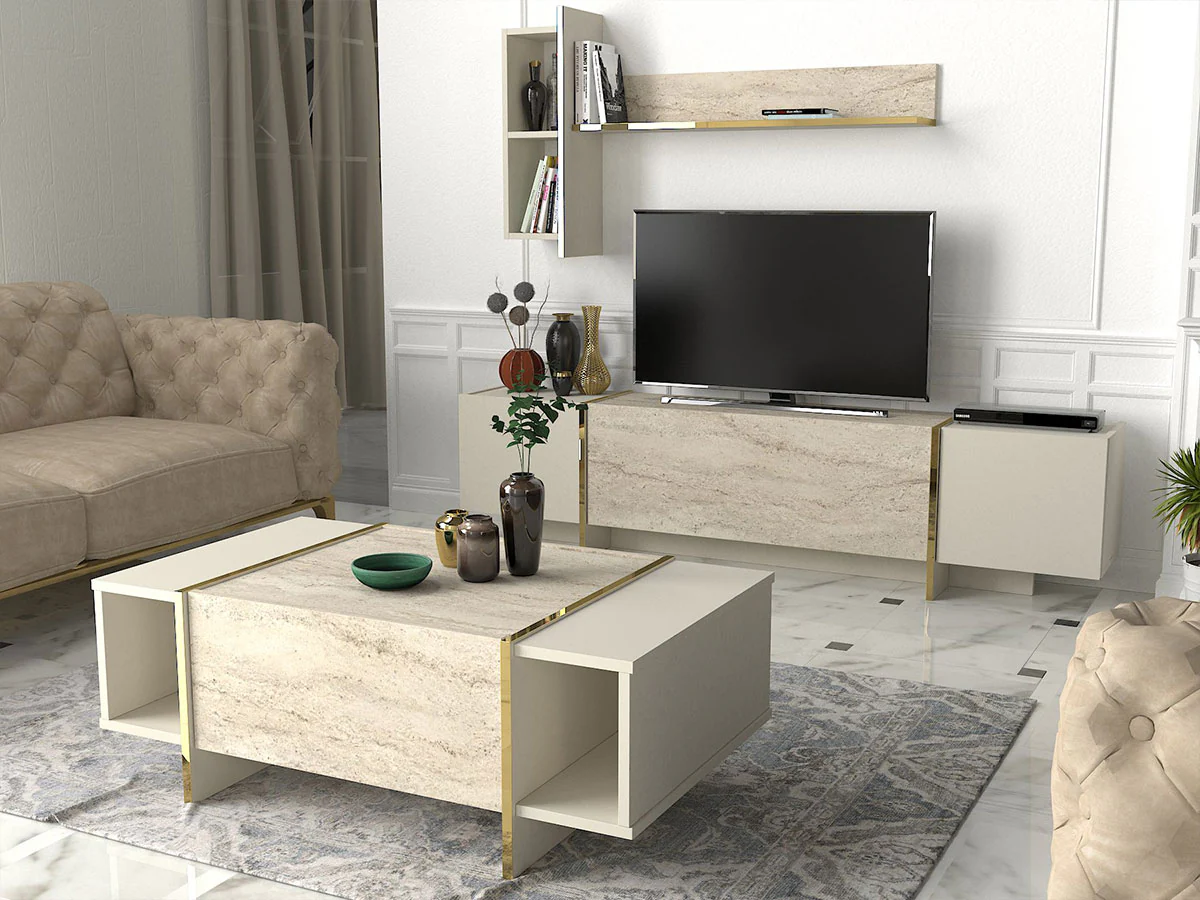 Ensemble Meuble TV & Table basse Travertin CHUPPI