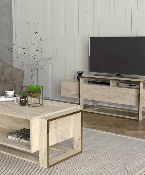 Ensemble Meuble TV & Table basse Travertin DEMO Bianco