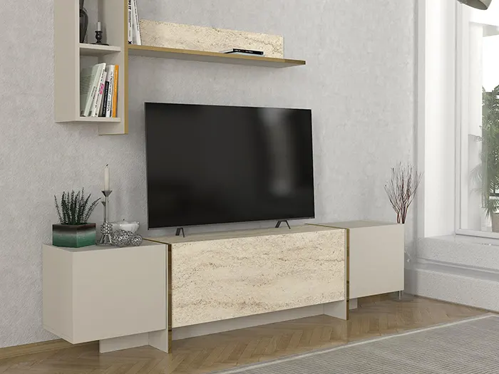 Ensemble Meuble TV & Table basse Travertin CHUPPI – Image 2