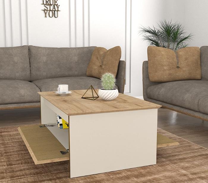 Table basse IRON-bois et blanc cassé- 90cm – Image 4