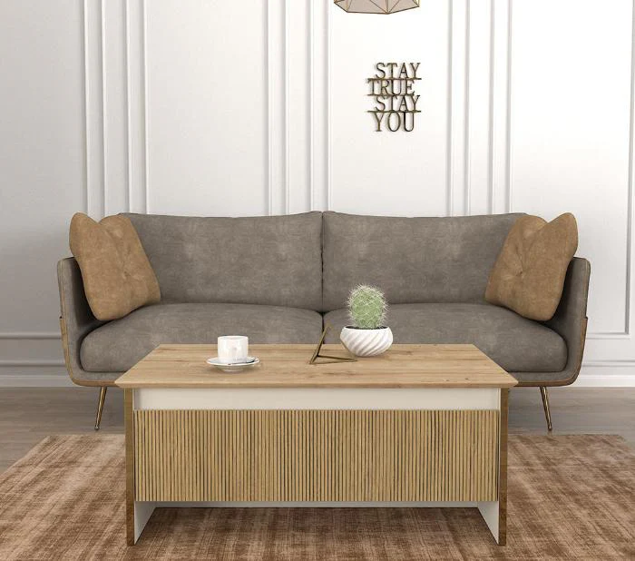 Table basse IRON-bois et blanc cassé- 90cm – Image 3