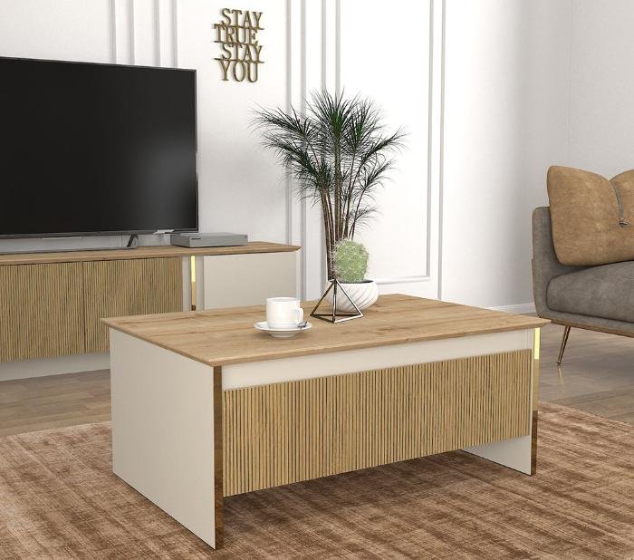 Table basse IRON-bois et blanc cassé- 90cm