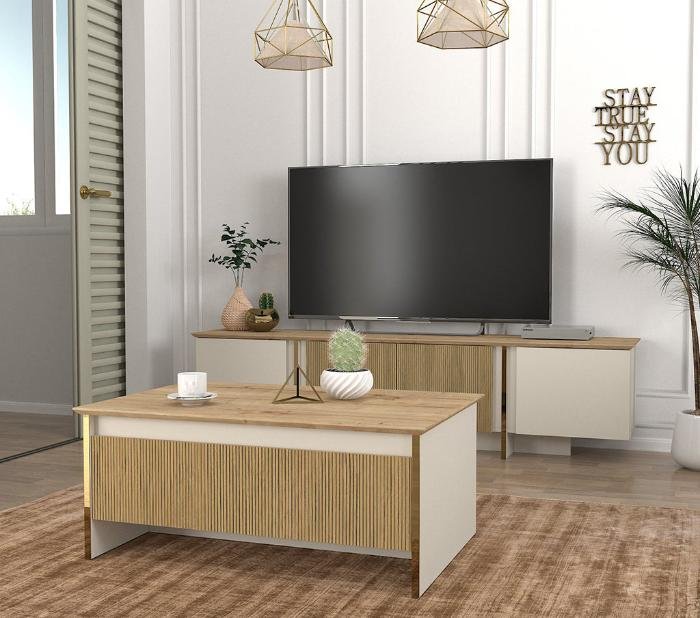 Table basse IRON-bois et blanc cassé- 90cm – Image 2