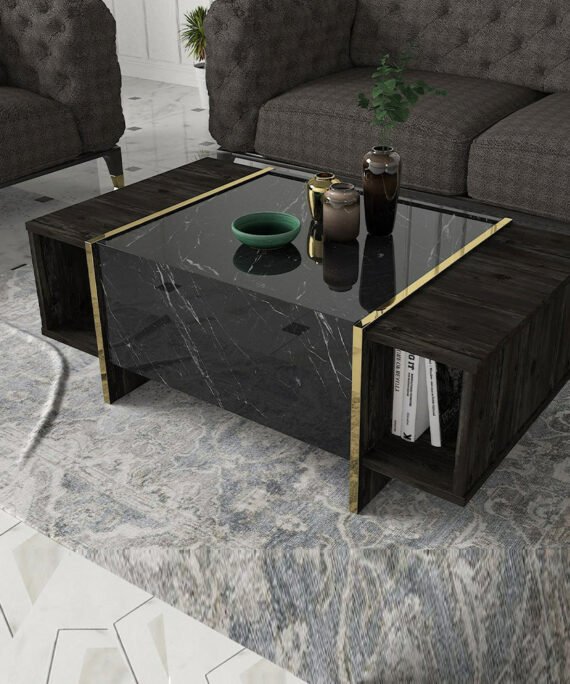 Table basse pour séjour FIESTA 104 cm - Effet marbré noir et doré