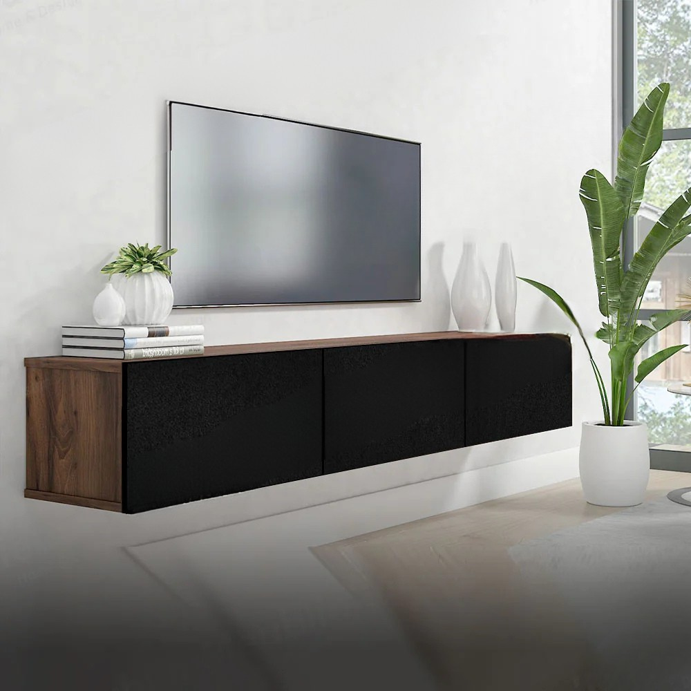 Meuble TV design suspendu RIYAD 180 cm - Marron Foncé et Noir