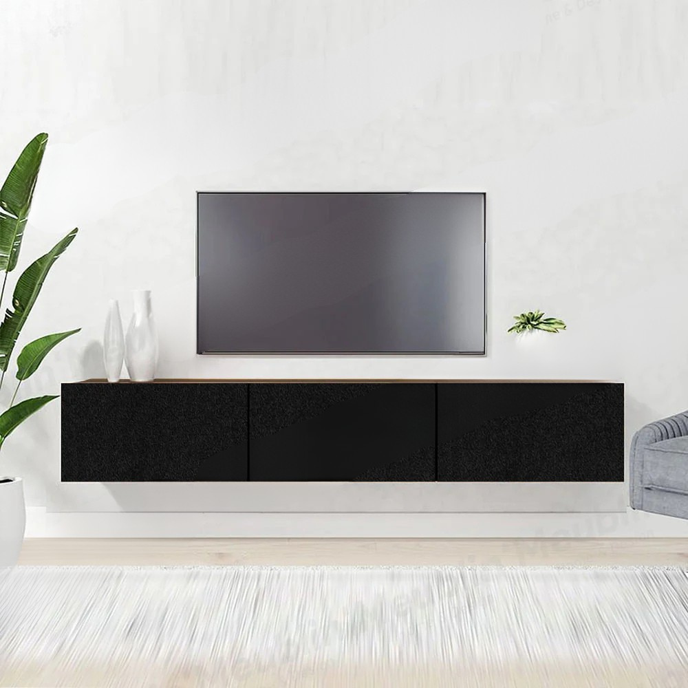 Meuble TV design suspendu RIYAD 180 cm - Marron Foncé et Noir – Image 2