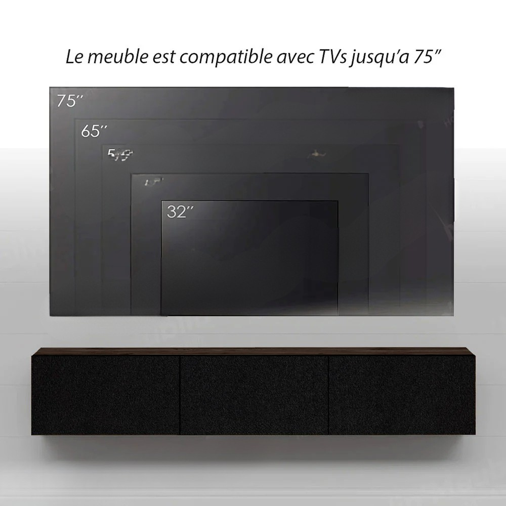 Meuble TV design suspendu RIYAD 180 cm - Marron Foncé et Noir – Image 6