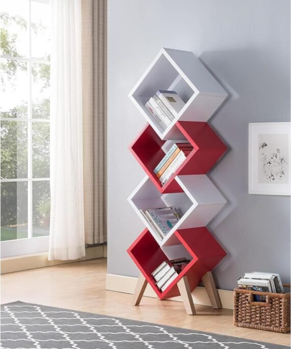 Bibliothèque-Étagères de rangement SEKA - Rouge et blanc -160cm