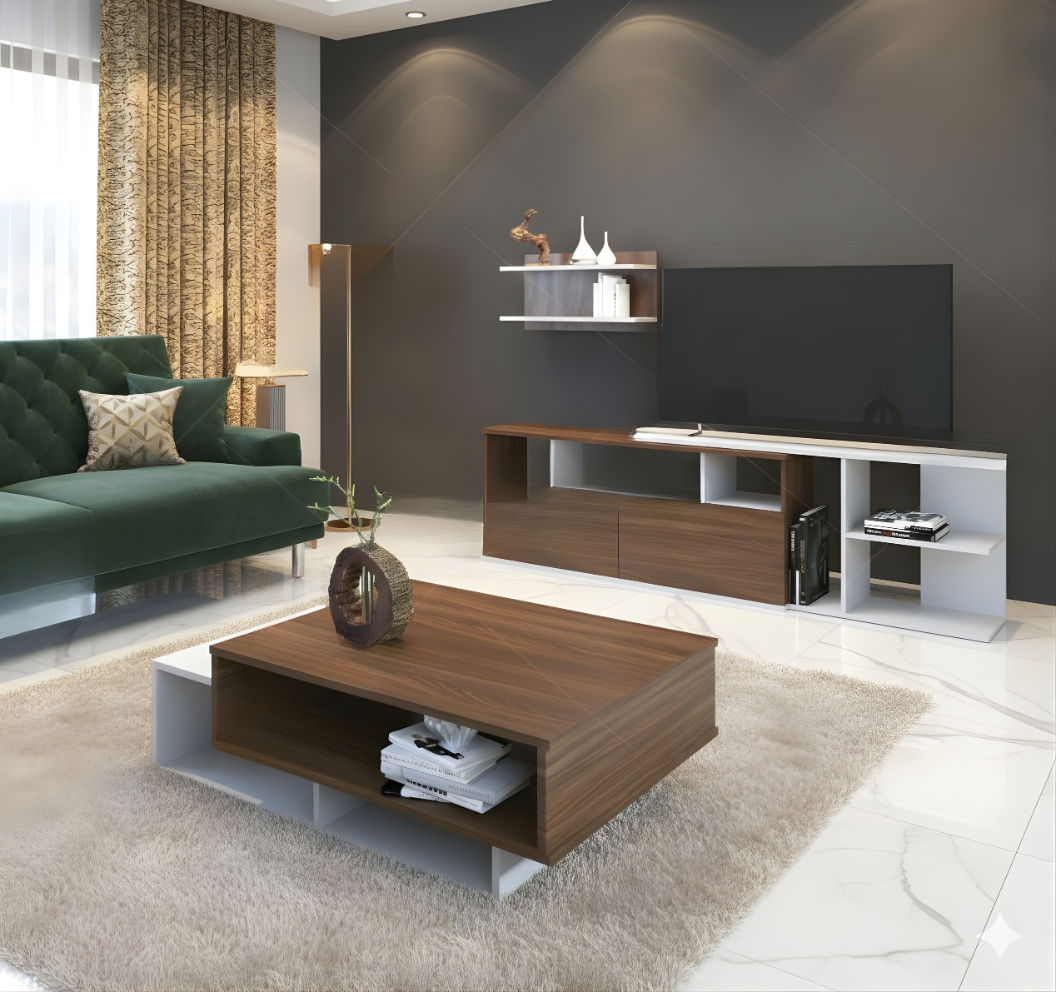 PACK MOVITA - Meuble TV avec Table basse-noyer et blanc